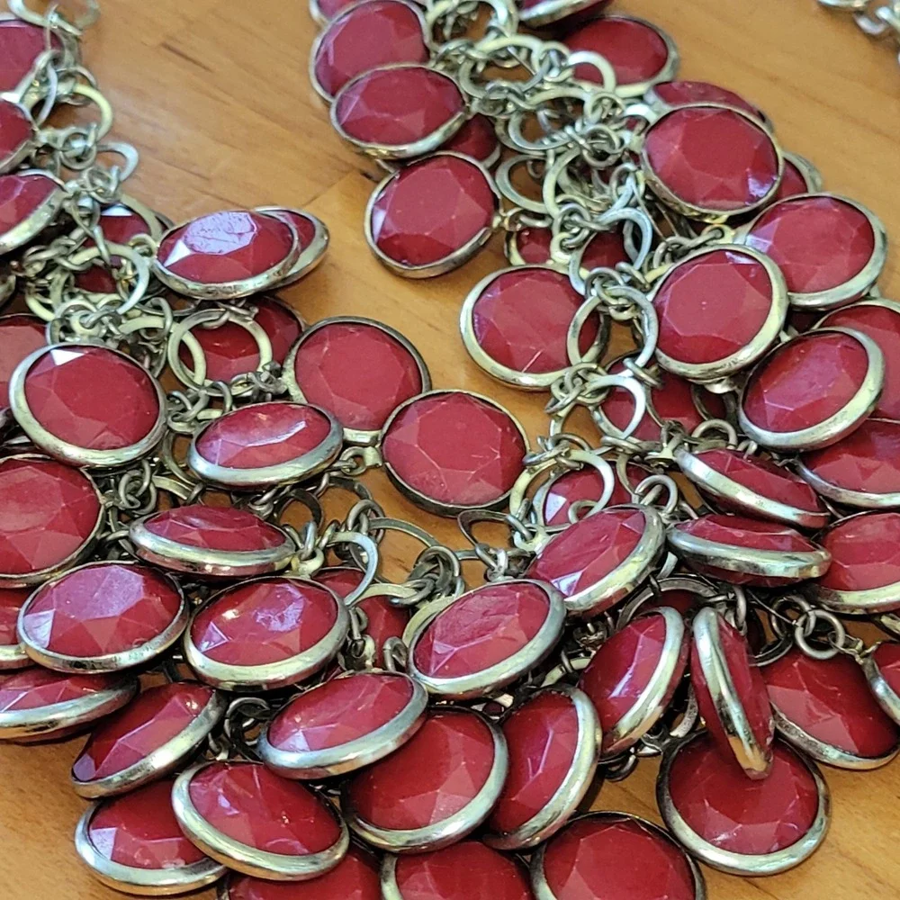 Chunky Faceted Bib Necklace Pair Black Red Cabochon Statement 20 Inch Lot Vtg